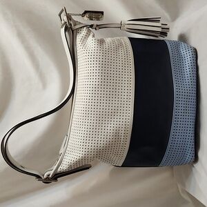 Coach Legacy Perforated Leather Dark Navy Multicolor Striped Duffle Shoulder Bag